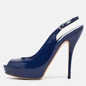 GUCCI | Elegant Navy Blue Patent Leather Slingback Designer Gucci Heels